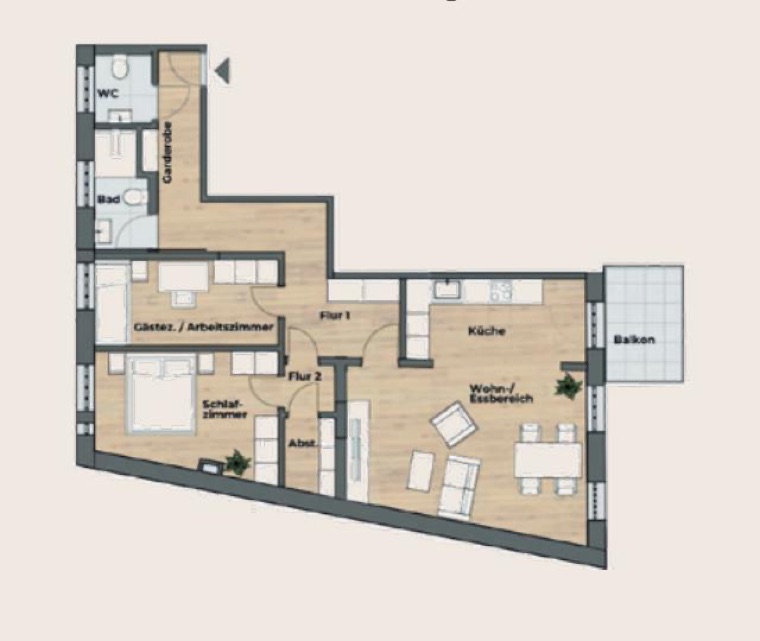 Grundriss der Wohneinheit 12: Wohn- und Essbereich mit offener Küche, Schlafzimmer, Gäste- oder Arbeitszimmer, Bad, Gäste-WC, Balkon